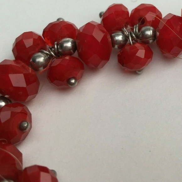 Vintage Faceted Red Glass and Silver Tone Bead Stretch Fringe Bracelet - Picture 2 of 4